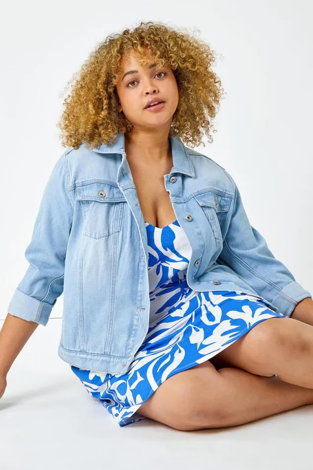 Blue Curve Sleeveless Floral Stretch Dress Women Roman Dresses