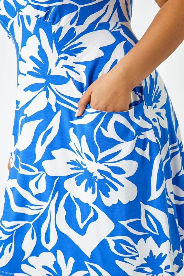 Blue Curve Sleeveless Floral Stretch Dress Women Roman Dresses