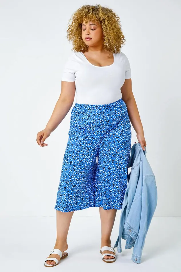 Blue Curve Spot Elastic Waist Cropped Culottes Women Roman Trousers