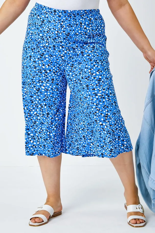 Blue Curve Spot Elastic Waist Cropped Culottes Women Roman Trousers
