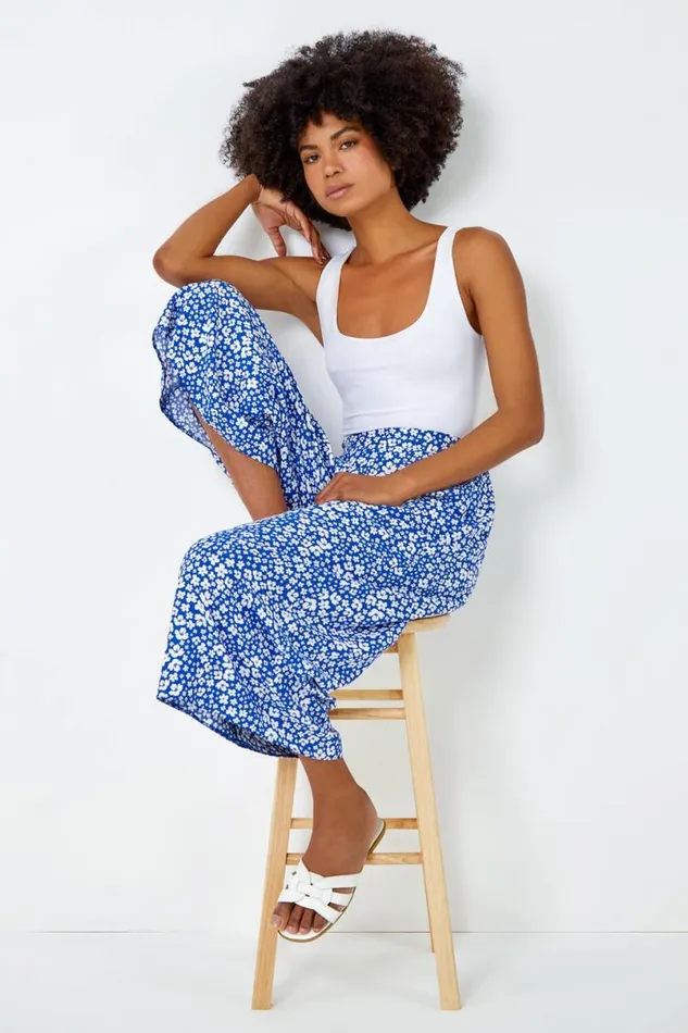Blue Ditsy Floral Elastic Waist Culotte Trousers Women Roman Trousers