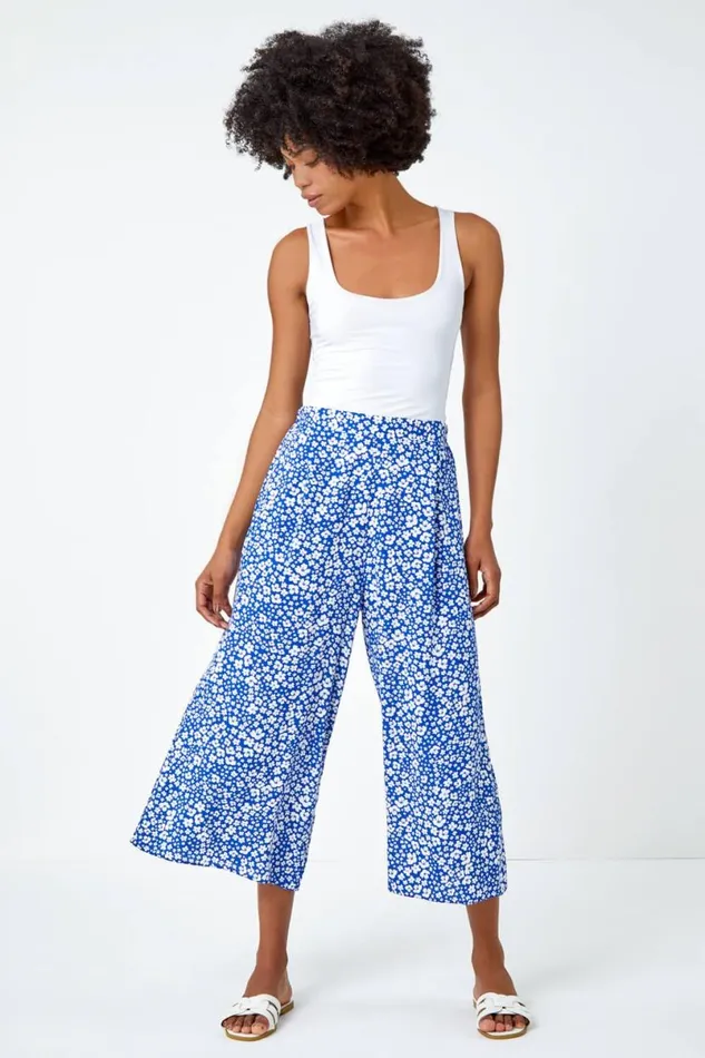 Blue Ditsy Floral Elastic Waist Culotte Trousers Women Roman Trousers