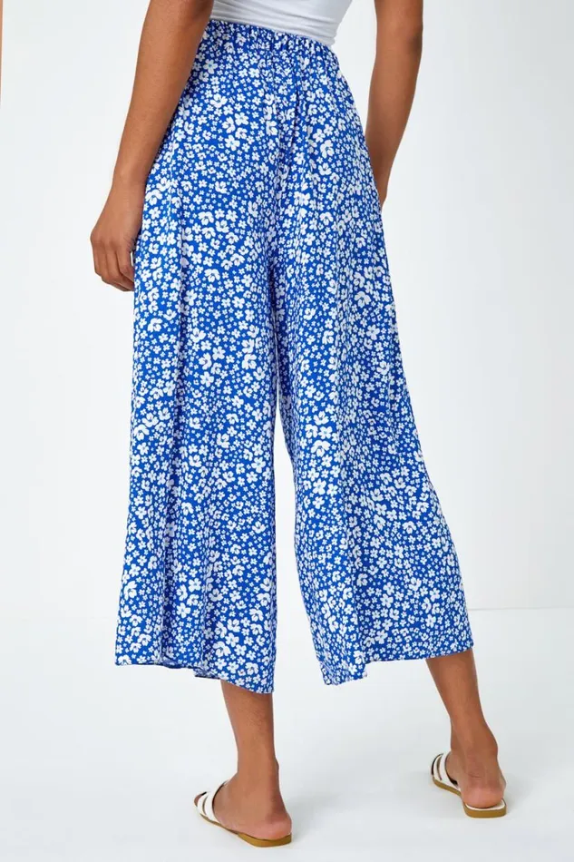Blue Ditsy Floral Elastic Waist Culotte Trousers Women Roman Trousers