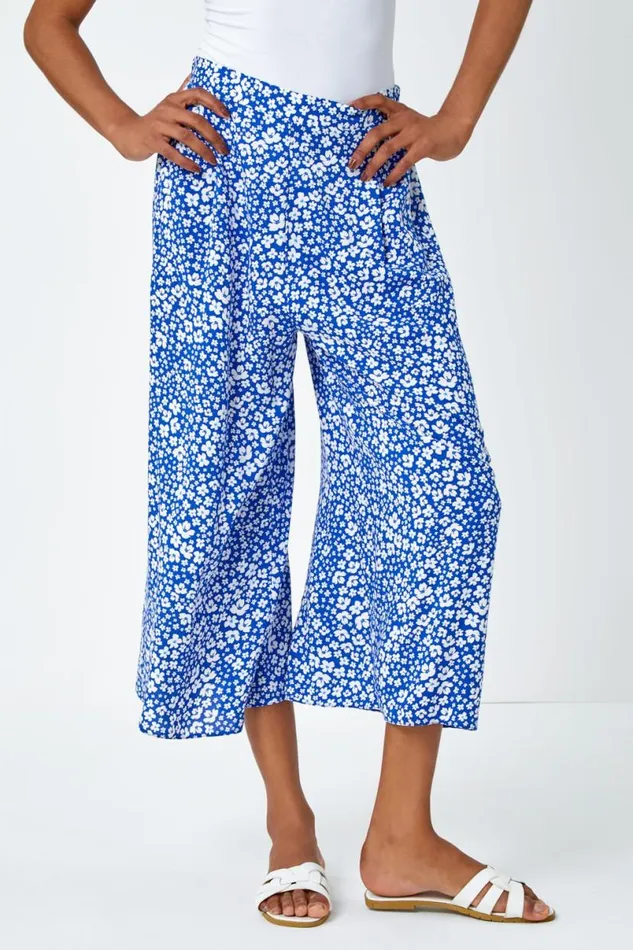 Blue Ditsy Floral Elastic Waist Culotte Trousers Women Roman Trousers