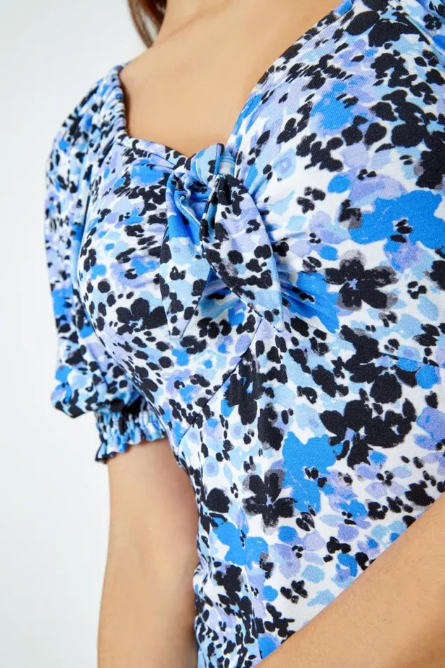 Blue Floral Print VNeck Tie Detail Jersey Top Women Roman Tops