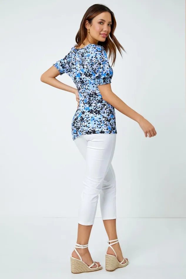 Blue Floral Print VNeck Tie Detail Jersey Top Women Roman Tops