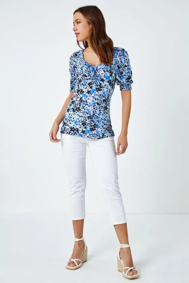 Blue Floral Print VNeck Tie Detail Jersey Top Women Roman Tops