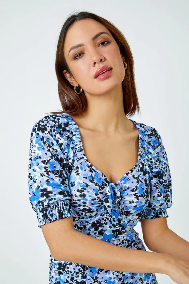 Blue Floral Print VNeck Tie Detail Jersey Top Women Roman Tops
