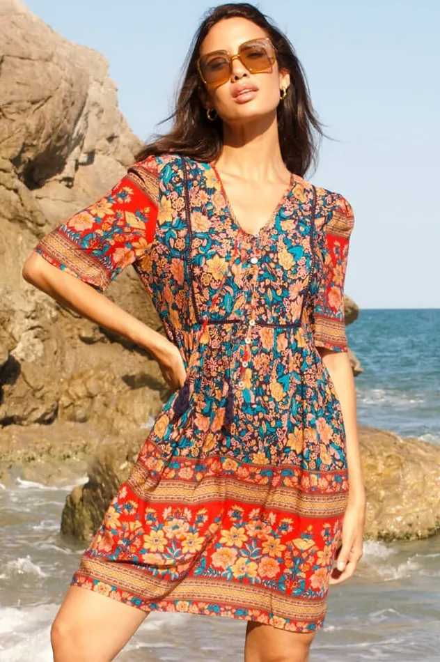 Blue Floral Tie Detail Tiered Dress Women Roman Dresses