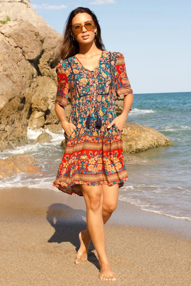 Blue Floral Tie Detail Tiered Dress Women Roman Dresses