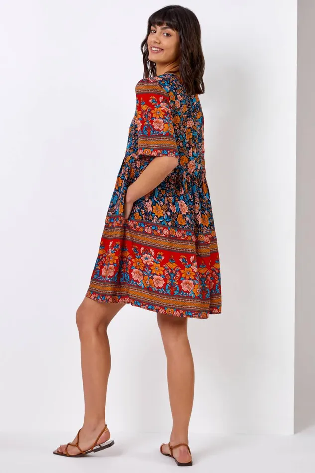 Blue Floral Tie Detail Tiered Dress Women Roman Dresses