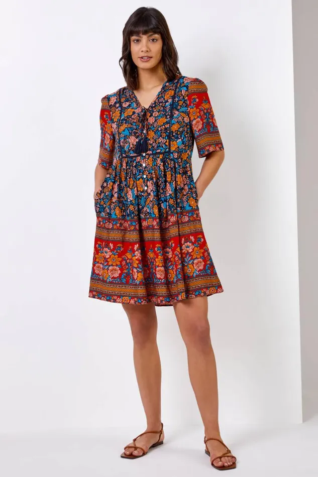 Blue Floral Tie Detail Tiered Dress Women Roman Dresses