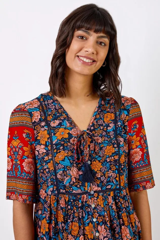 Blue Floral Tie Detail Tiered Dress Women Roman Dresses