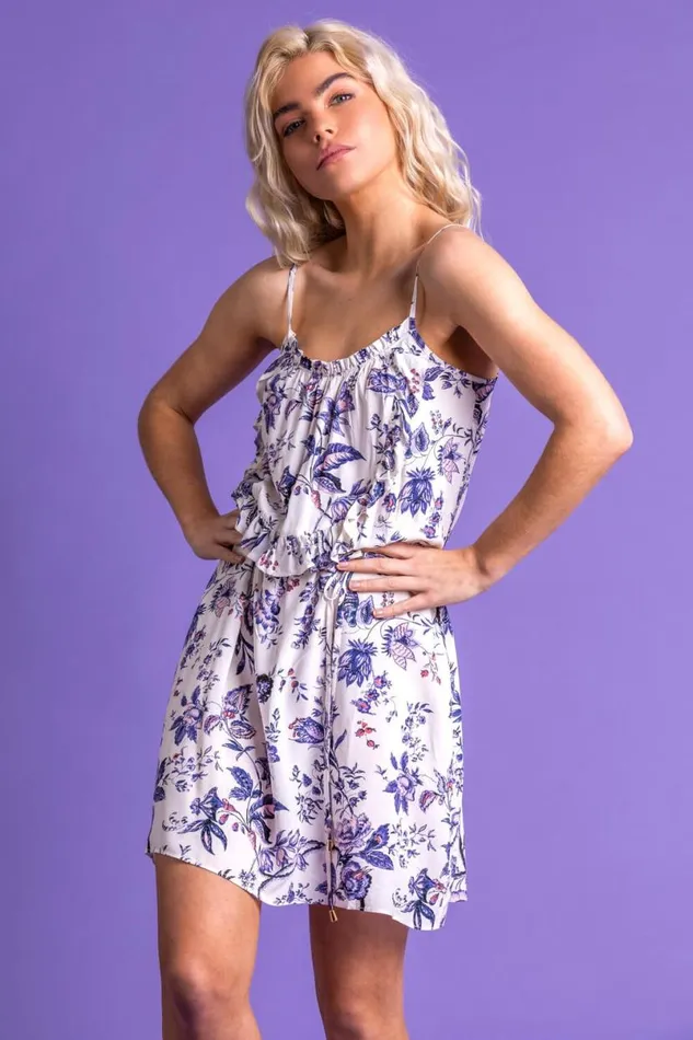 Blue Frill Hem Leaf Print Sundress Women Roman Dresses