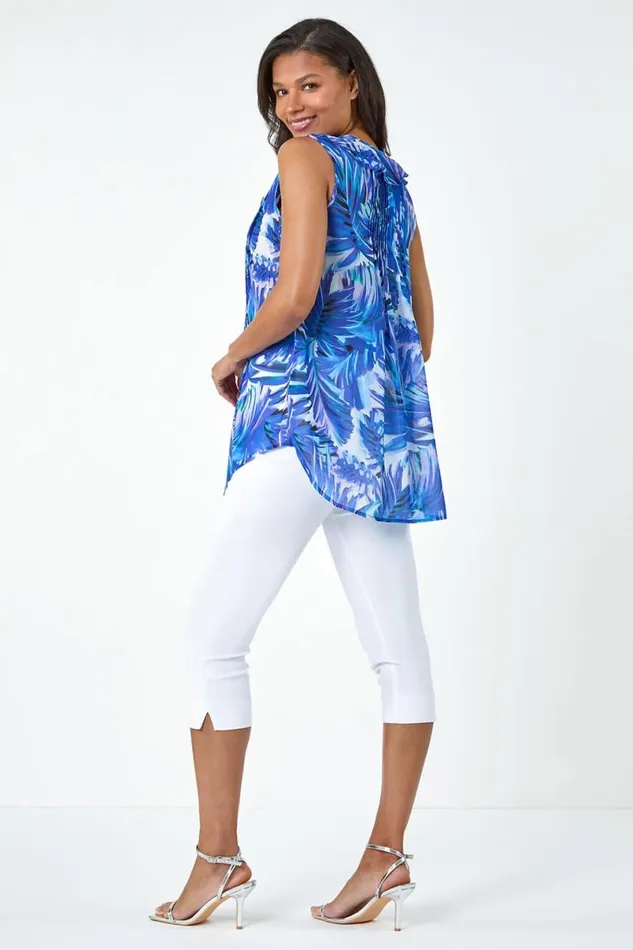 Blue Leaf Print Frill Pintuck Detail Top Women Roman Tops