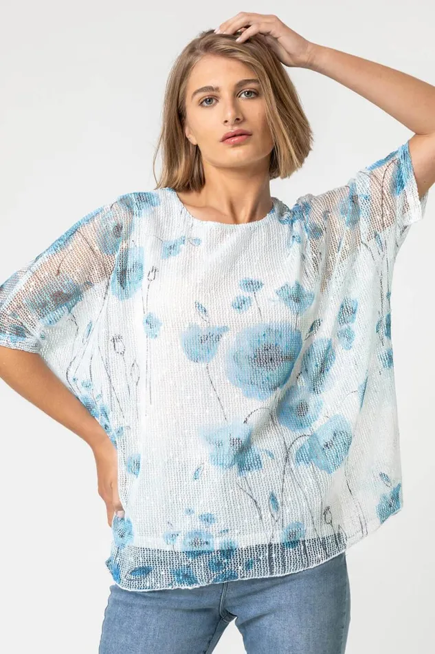 Blue Mesh Overlay Floral Print Top Women Roman Tops