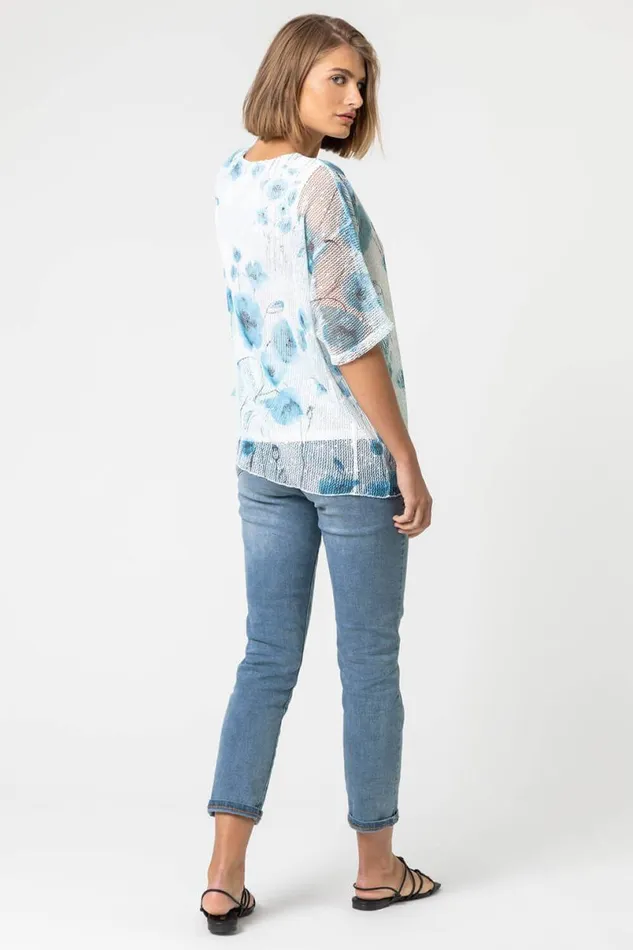 Blue Mesh Overlay Floral Print Top Women Roman Tops