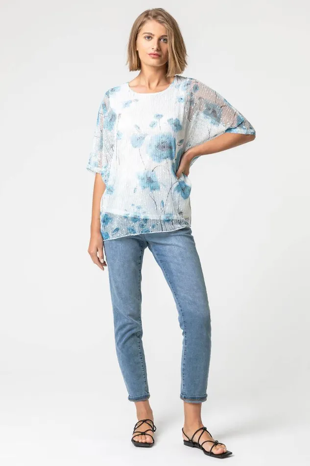 Blue Mesh Overlay Floral Print Top Women Roman Tops