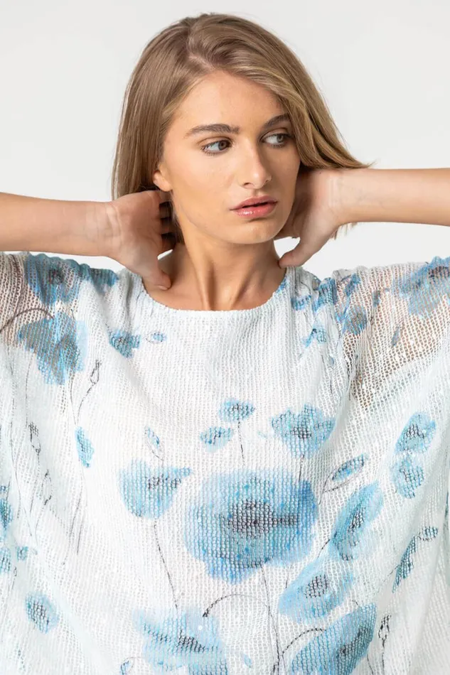 Blue Mesh Overlay Floral Print Top Women Roman Tops