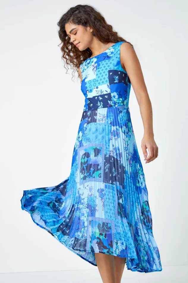 Blue Mixed Floral Print Pleated Midi Dress Women Roman Dresses
