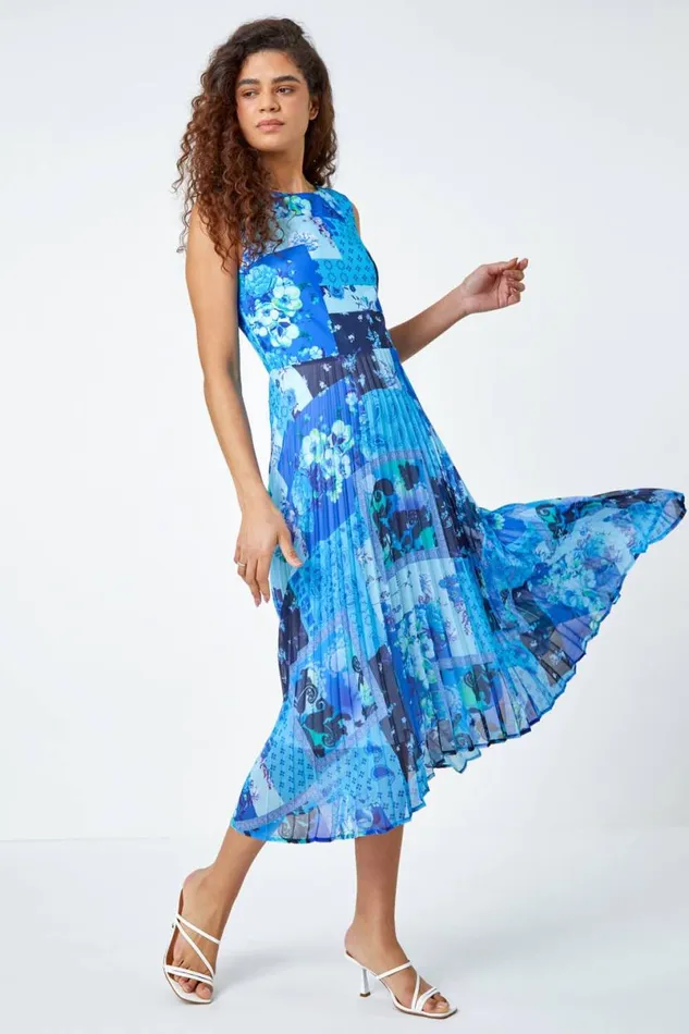 Blue Mixed Floral Print Pleated Midi Dress Women Roman Dresses