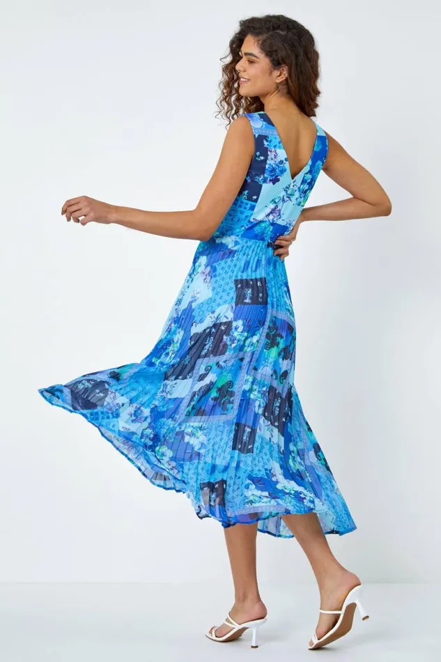 Blue Mixed Floral Print Pleated Midi Dress Women Roman Dresses