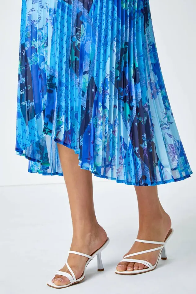 Blue Mixed Floral Print Pleated Midi Dress Women Roman Dresses
