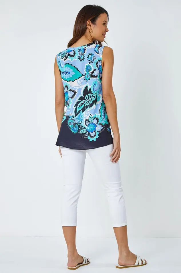 Blue Paisley Contrast Border Print Top Women Roman Tops