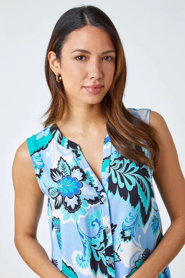 Blue Paisley Contrast Border Print Top Women Roman Tops