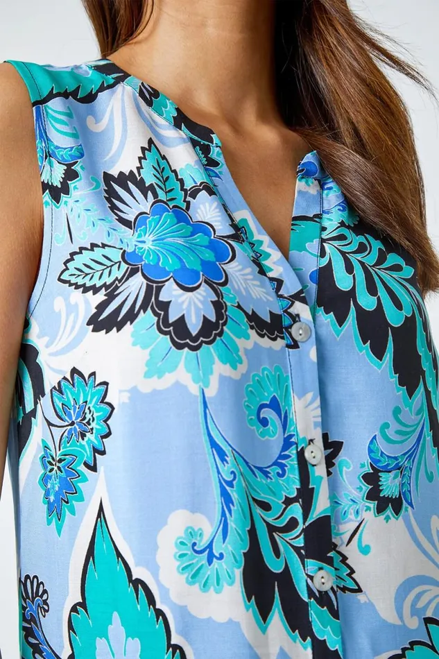 Blue Paisley Contrast Border Print Top Women Roman Tops