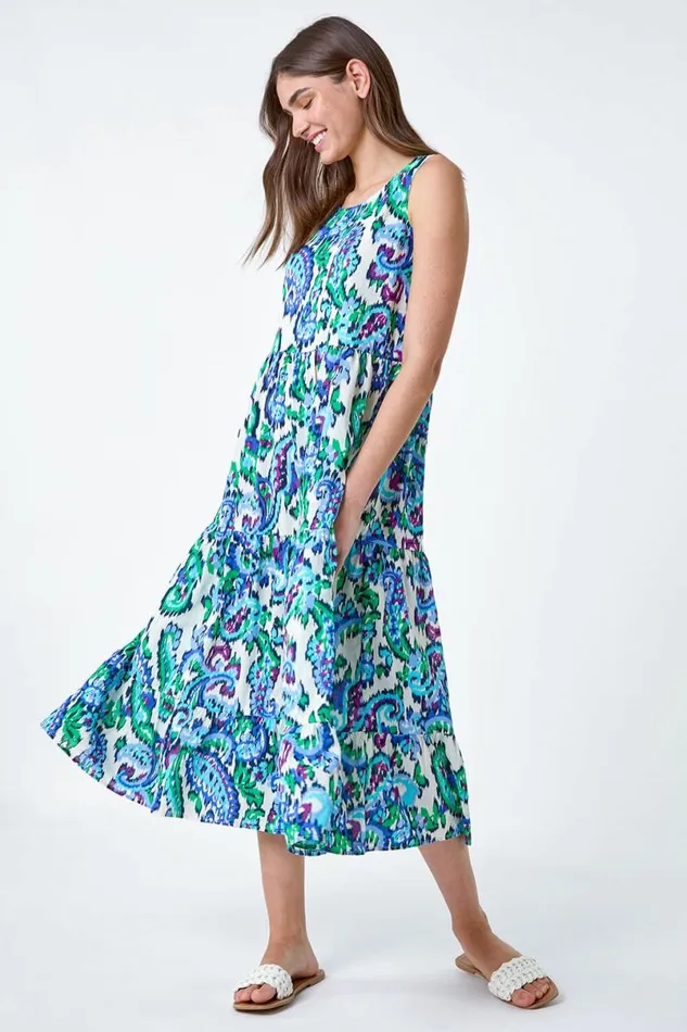 Blue Paisley Tie Detail Tiered Midi Dress Women Roman Dresses