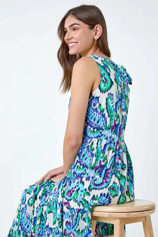 Blue Paisley Tie Detail Tiered Midi Dress Women Roman Dresses