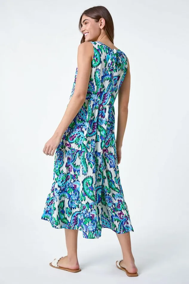 Blue Paisley Tie Detail Tiered Midi Dress Women Roman Dresses
