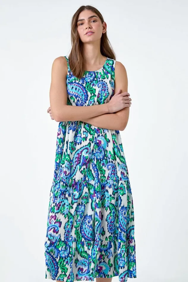 Blue Paisley Tie Detail Tiered Midi Dress Women Roman Dresses