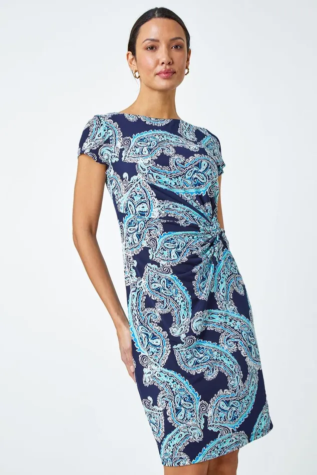 Blue Paisley Twist Detail Shift Stretch Dress Women Roman Dresses