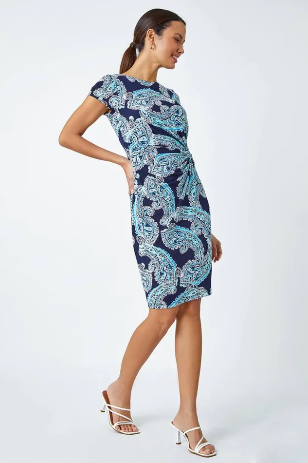 Blue Paisley Twist Detail Shift Stretch Dress Women Roman Dresses