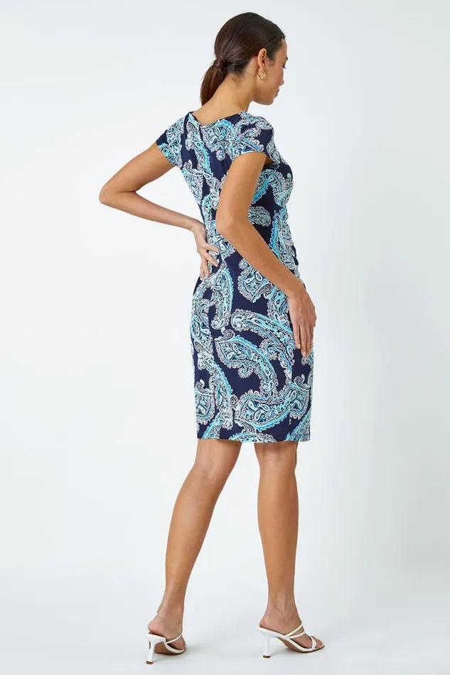 Blue Paisley Twist Detail Shift Stretch Dress Women Roman Dresses