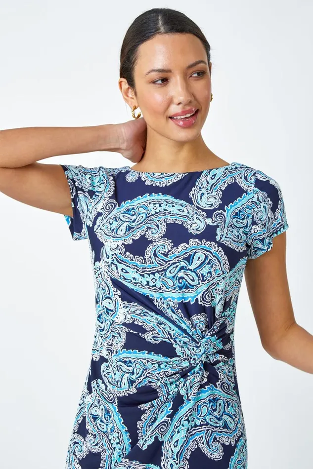 Blue Paisley Twist Detail Shift Stretch Dress Women Roman Dresses