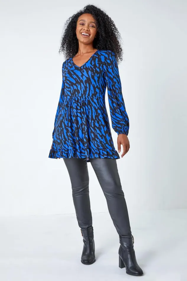 Blue Petite Abstract Frill Hem Stretch Top Women Roman Tops