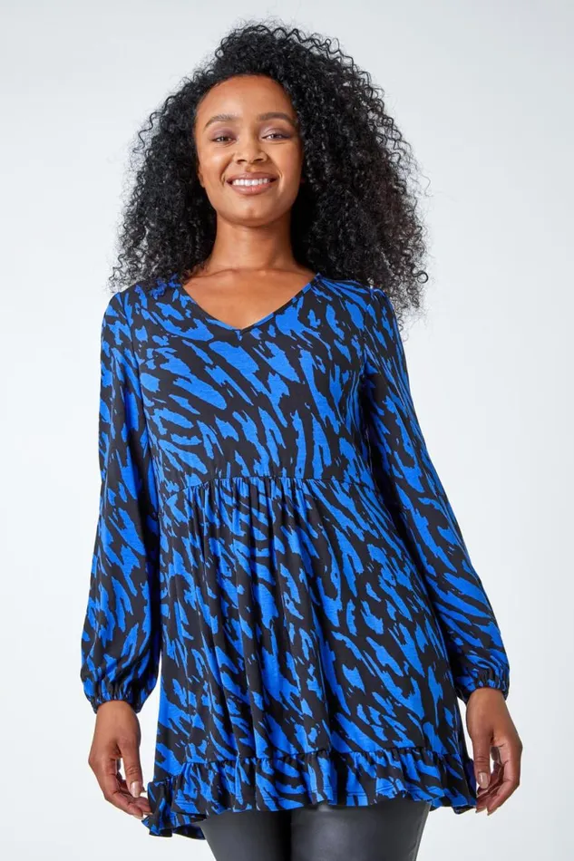 Blue Petite Abstract Frill Hem Stretch Top Women Roman Tops