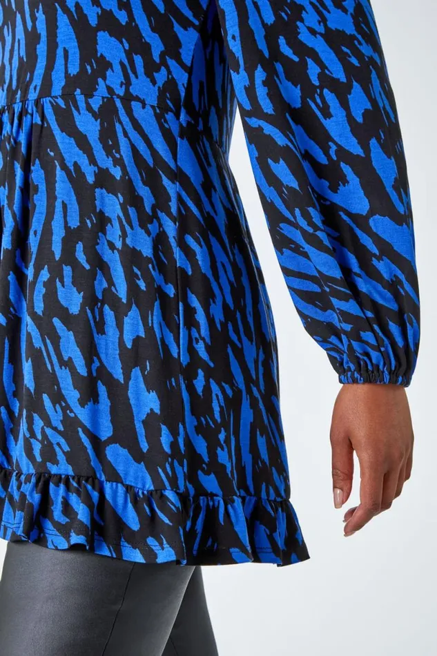 Blue Petite Abstract Frill Hem Stretch Top Women Roman Tops