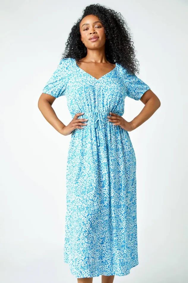 Blue Petite Ditsy Floral Stretch Midi Dress Women Roman Dresses