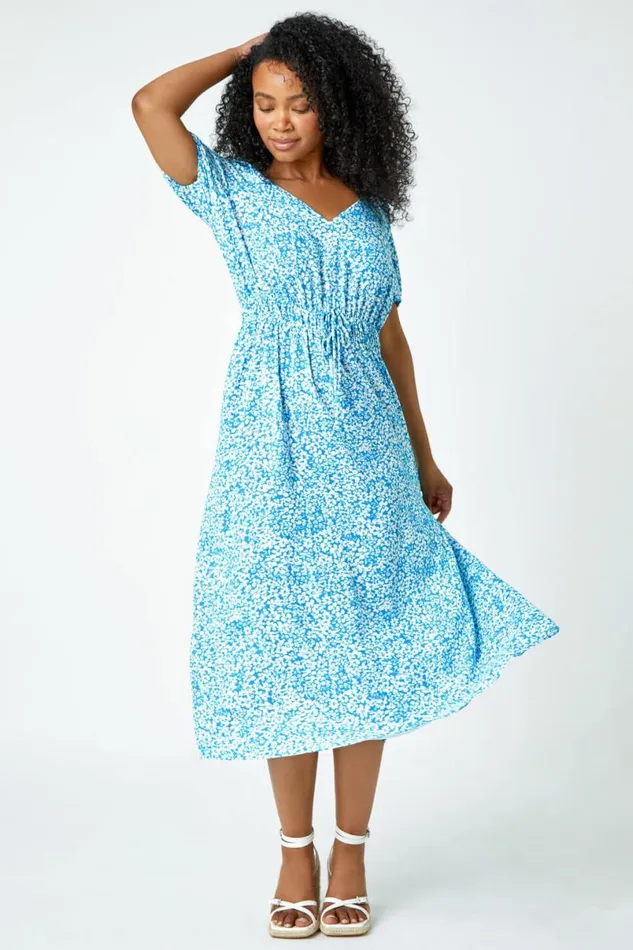 Blue Petite Ditsy Floral Stretch Midi Dress Women Roman Dresses