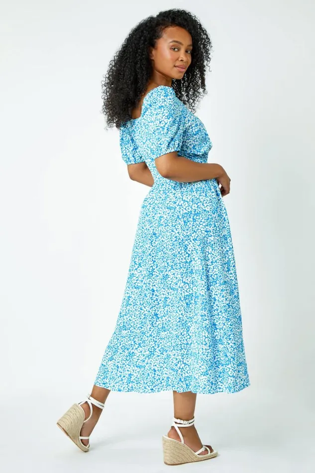 Blue Petite Ditsy Floral Stretch Midi Dress Women Roman Dresses