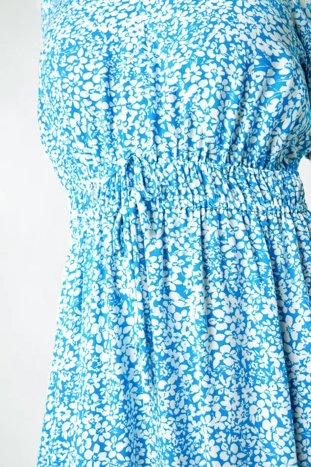 Blue Petite Ditsy Floral Stretch Midi Dress Women Roman Dresses