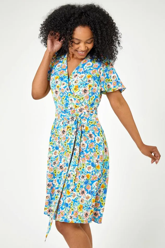 Blue Petite Floral Print Wrap Dress Women Roman Dresses