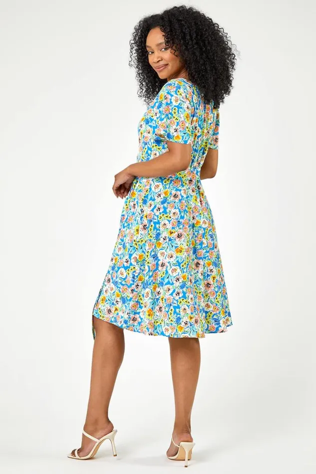 Blue Petite Floral Print Wrap Dress Women Roman Dresses