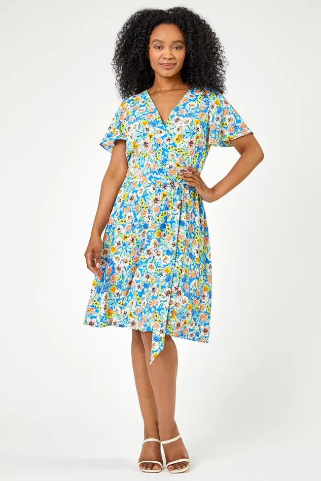 Blue Petite Floral Print Wrap Dress Women Roman Dresses