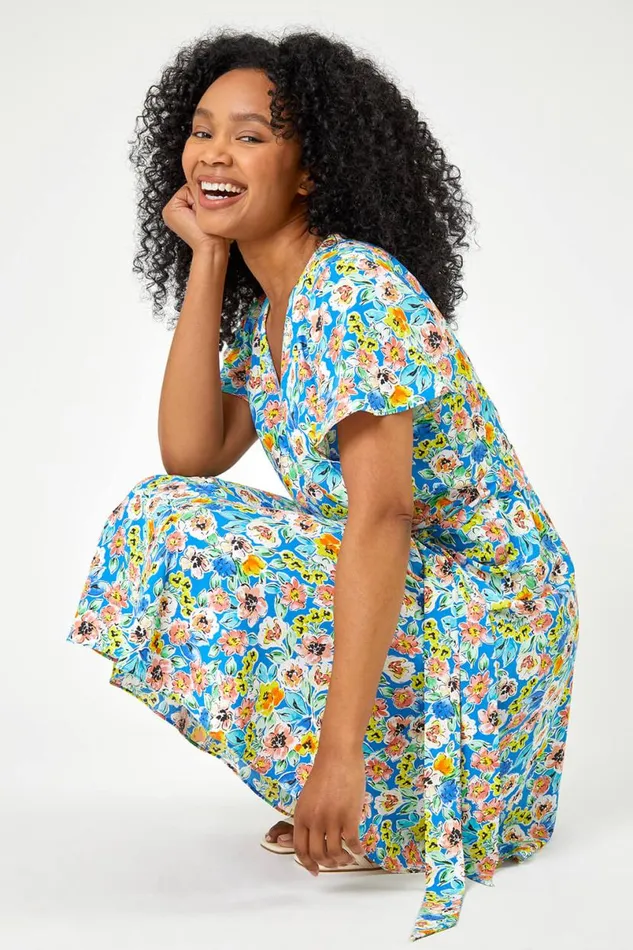 Blue Petite Floral Print Wrap Dress Women Roman Dresses