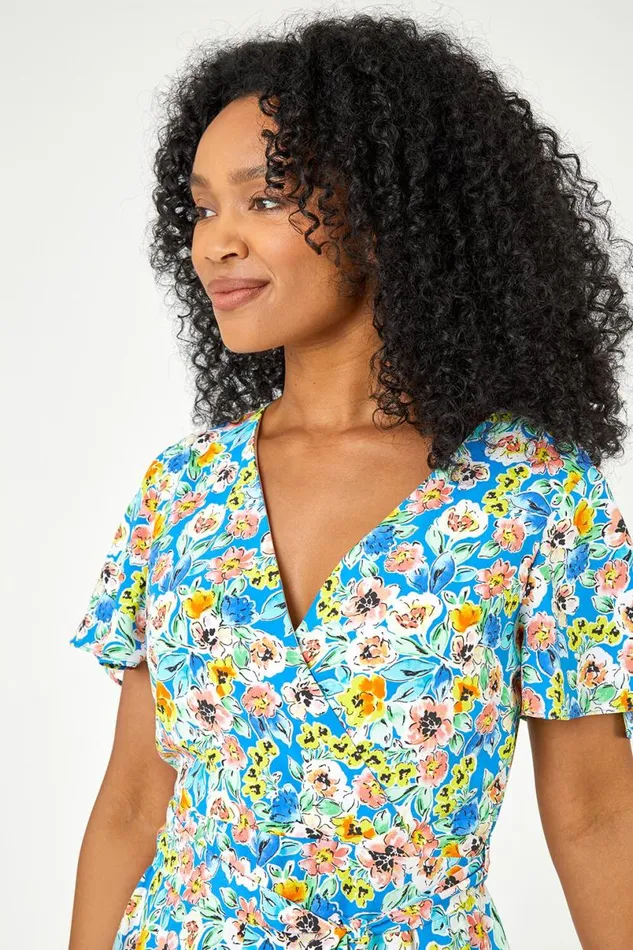 Blue Petite Floral Print Wrap Dress Women Roman Dresses